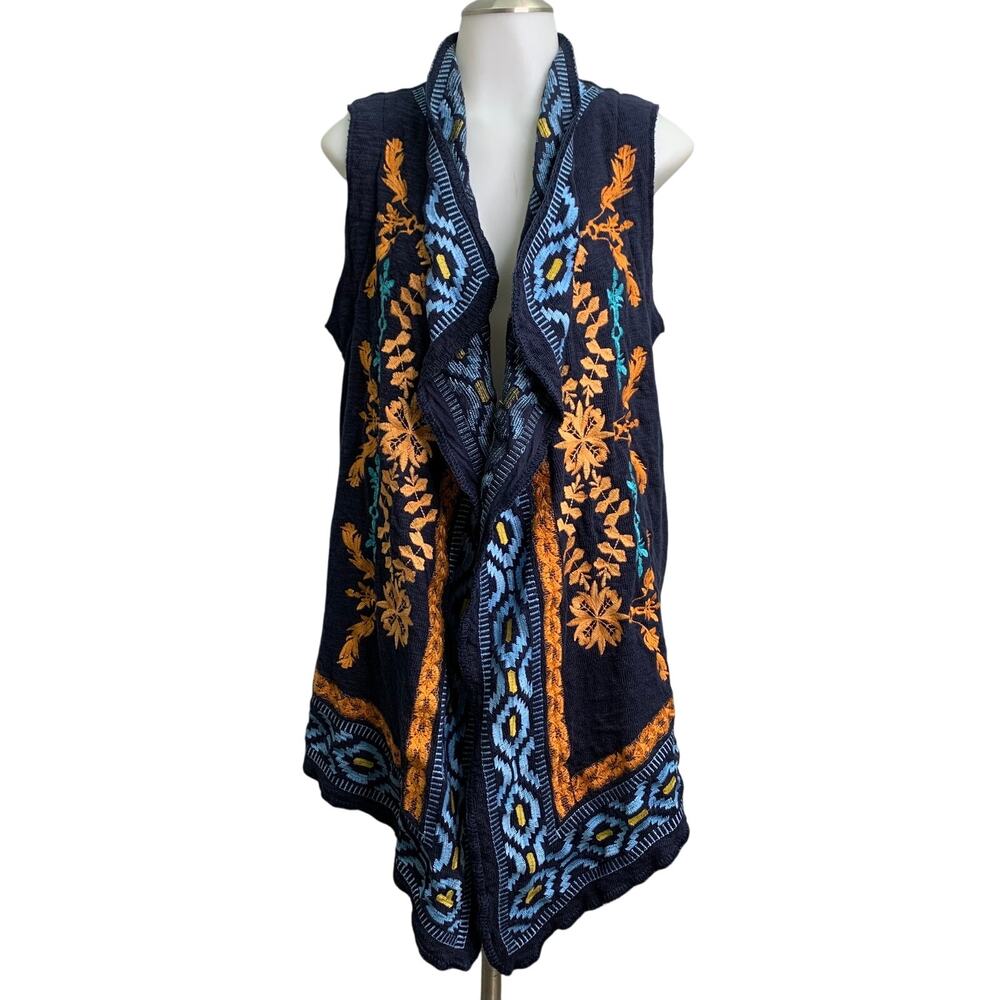Time for Me Womens Medium Cardigan Embroidered Cotton Tribal Poncho Vest Sweater